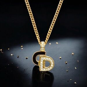 💞VINTAGE DIOR 18K Gold-Plated Enamel Crystal Embellished CD Logo 15+2" Necklace